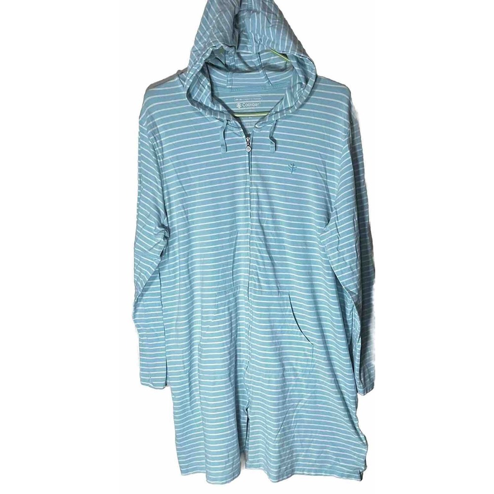 Coolibar Womens XL Cabana Hoodie Swim Cover Up Full Zip Dress Blue UPF 50+ Knit